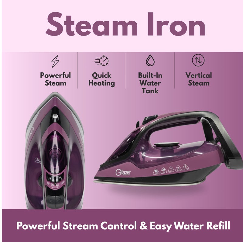 جليز مكواة بخار بقوة 2600 واط، قاعدة سيراميك، خاصية تعزيز البخار القوي، تحكم قابل للتعديل في درجة الحرارة، مانعة للتنقيط، مانعة لتراكم الكلس، إيقاف تشغيل تلقائي، مكواة ملابس سريعة التسخين - بنفسجي - Image 2